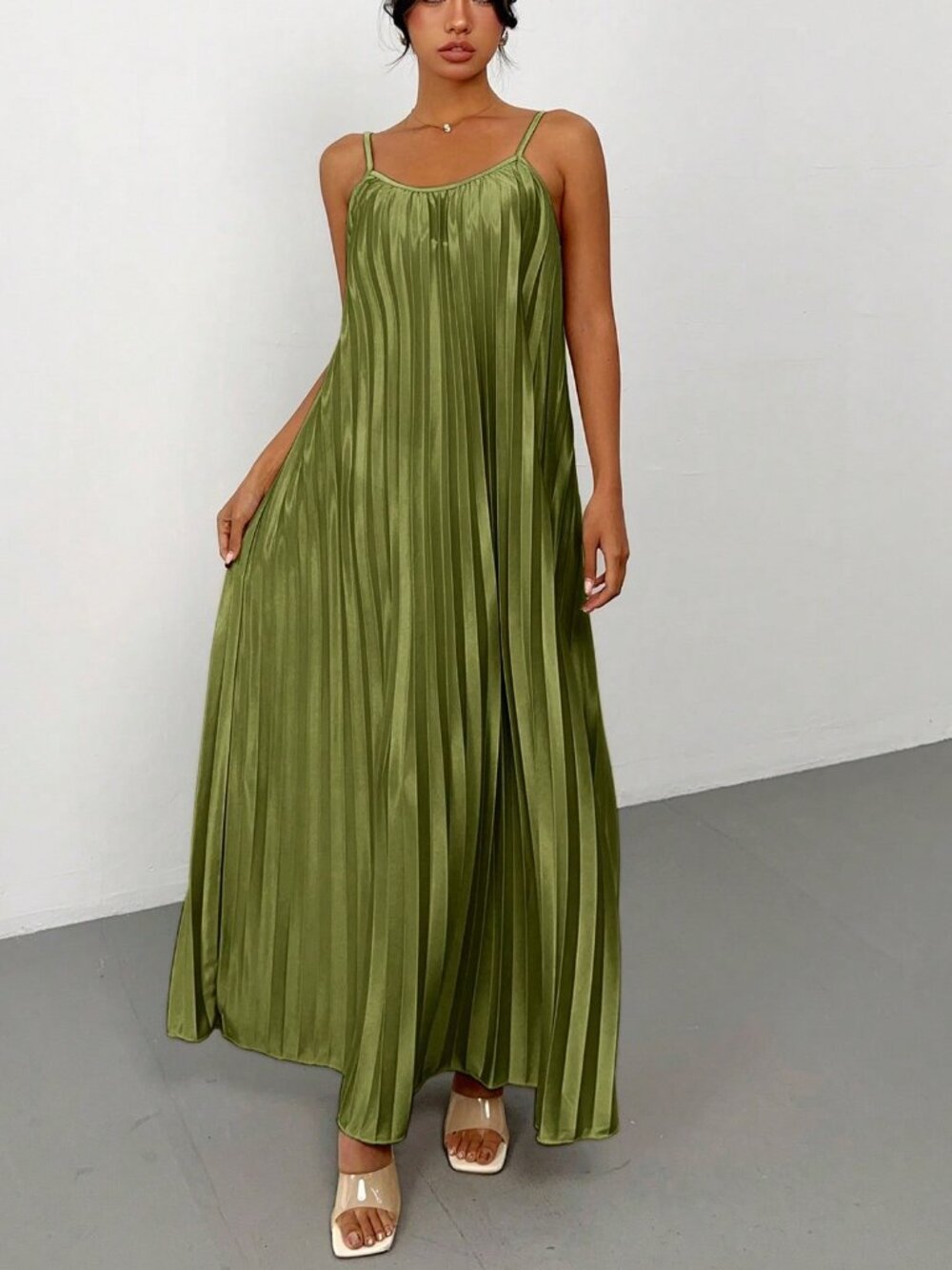 Olive Green Casual Women's Camisole Pleated Maxi Dress